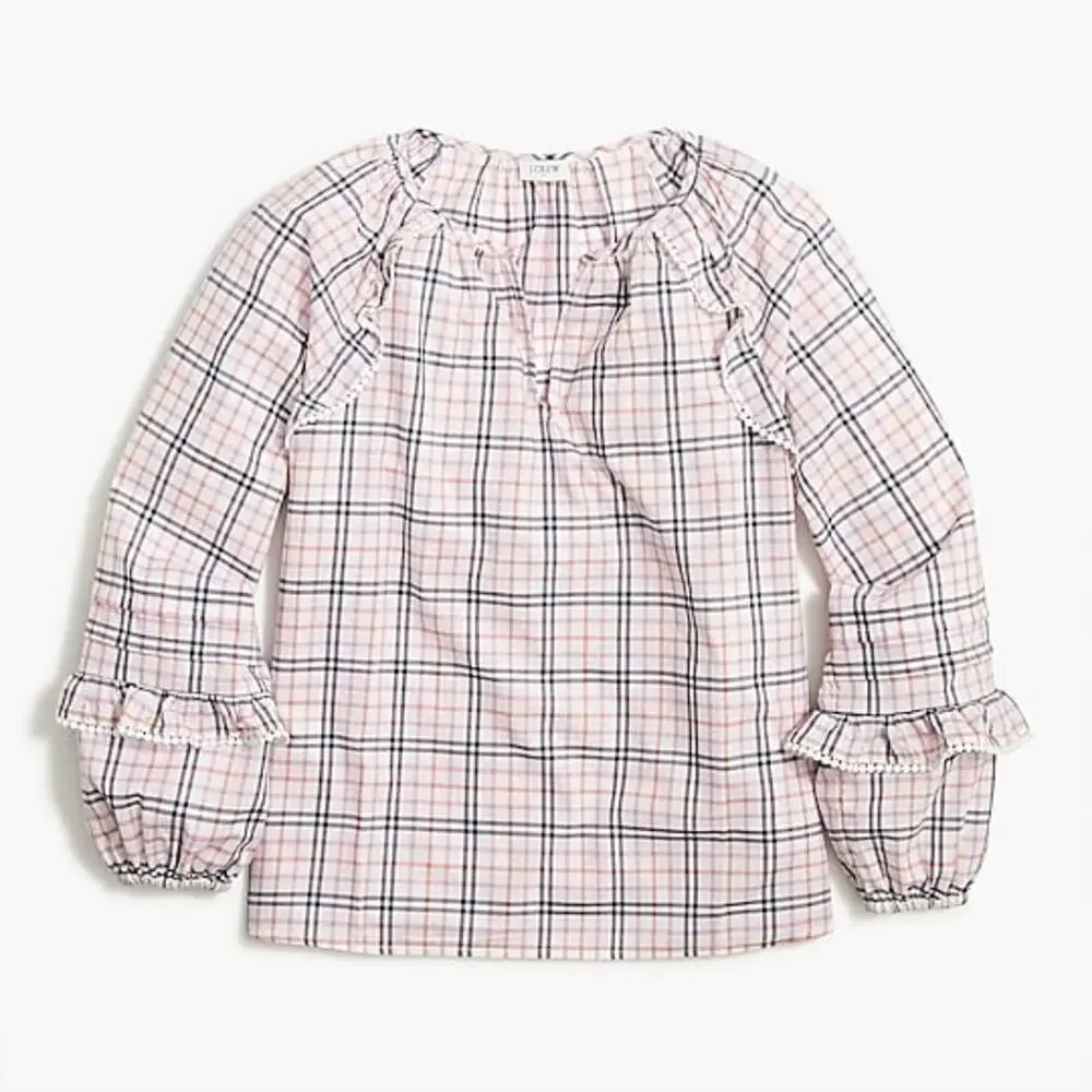 J. Crew Factory - Plaid ruffle long sleeve pink gray peasant blouse - Medium